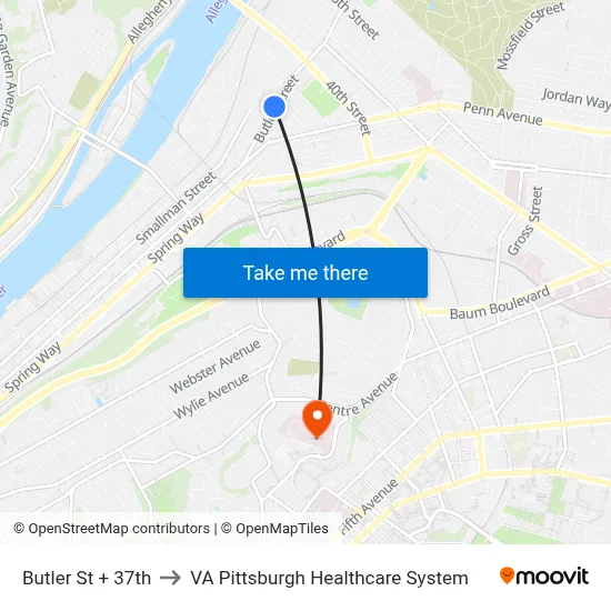 Butler St + 37th to VA Pittsburgh Healthcare System map