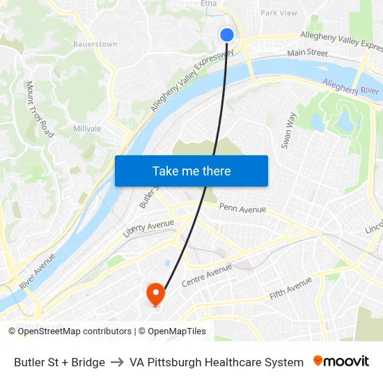 Butler St + Bridge to VA Pittsburgh Healthcare System map