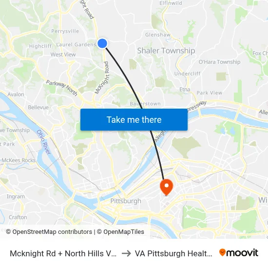 Mcknight Rd + North Hills Village (North Ent) to VA Pittsburgh Healthcare System map