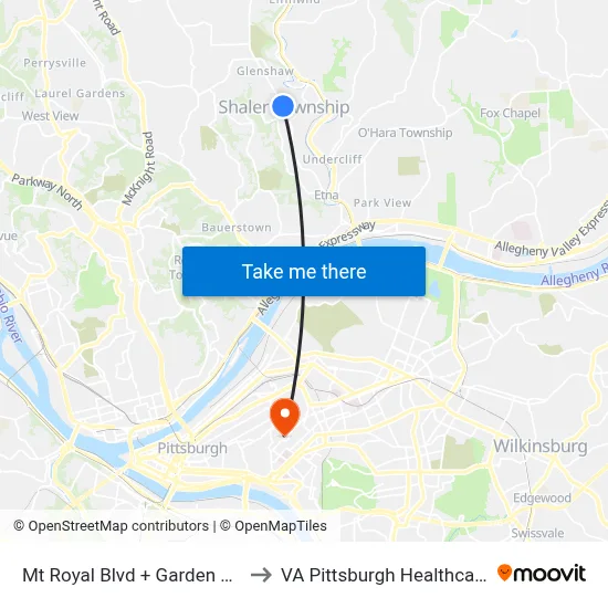 Mt Royal Blvd + Garden Pl (Wetzell) to VA Pittsburgh Healthcare System map