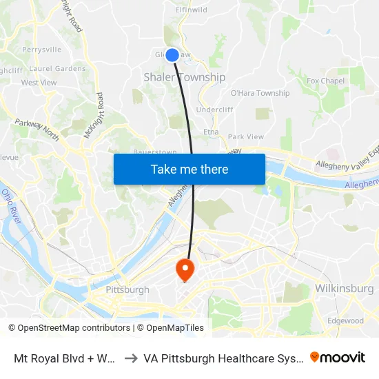 Mt Royal Blvd + Wood to VA Pittsburgh Healthcare System map