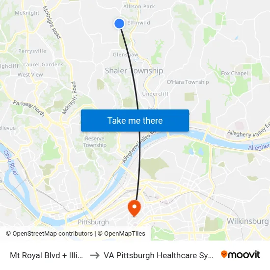 Mt Royal Blvd + Illinois to VA Pittsburgh Healthcare System map