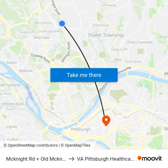 Mcknight Rd + Old Mcknight Rd FS to VA Pittsburgh Healthcare System map