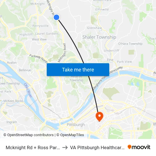 Mcknight Rd + Ross Park Mall Dr to VA Pittsburgh Healthcare System map