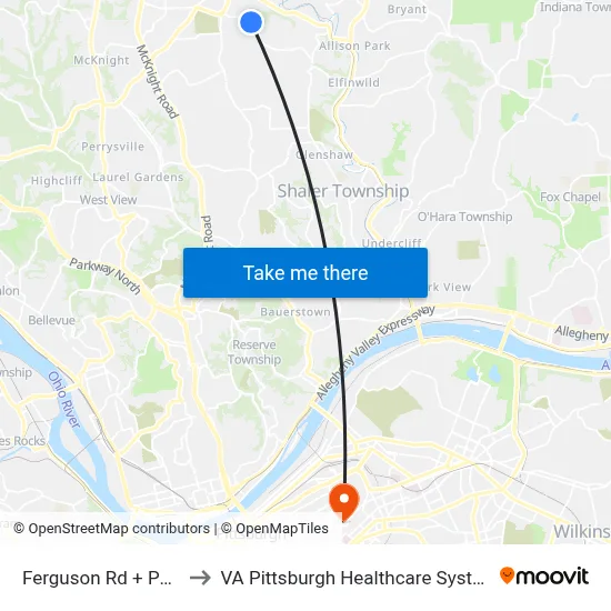 Ferguson Rd + Post to VA Pittsburgh Healthcare System map