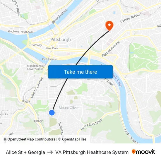 Alice St + Georgia to VA Pittsburgh Healthcare System map