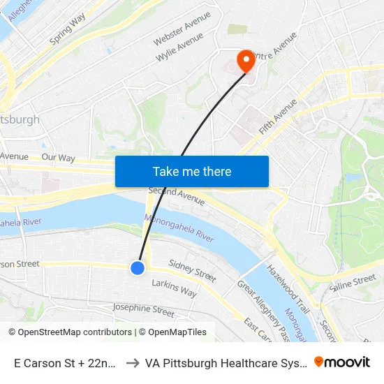 E Carson St + 22nd St to VA Pittsburgh Healthcare System map