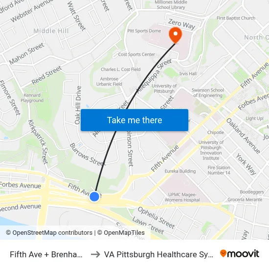 Fifth Ave + Brenham St to VA Pittsburgh Healthcare System map