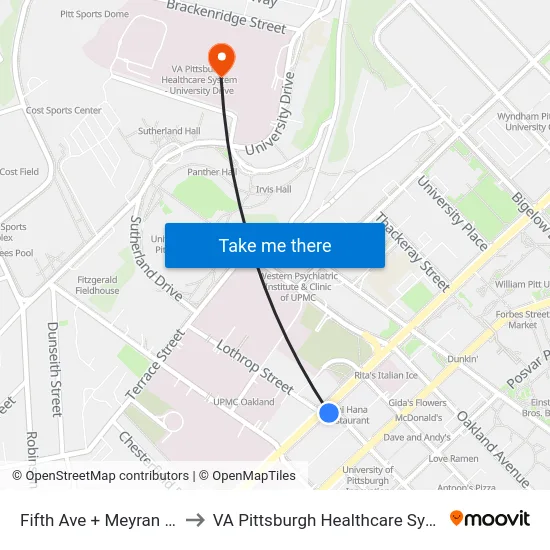 Fifth Ave + Meyran Ave to VA Pittsburgh Healthcare System map