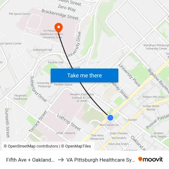 Fifth Ave + Oakland Ave to VA Pittsburgh Healthcare System map