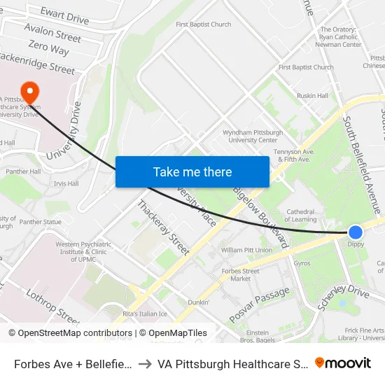 Forbes Ave + Bellefield Ns to VA Pittsburgh Healthcare System map