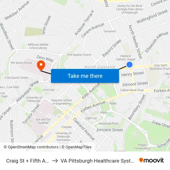 Craig St + Fifth Ave to VA Pittsburgh Healthcare System map