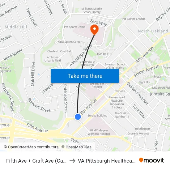 Fifth Ave + Craft Ave (Carlow Univ) to VA Pittsburgh Healthcare System map