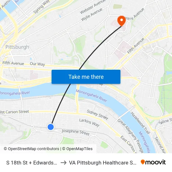 S 18th St + Edwards Way to VA Pittsburgh Healthcare System map