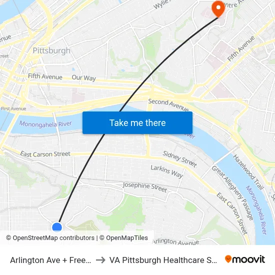 Arlington Ave + Freeland to VA Pittsburgh Healthcare System map