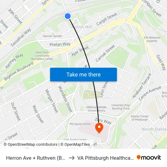 Herron Ave + Ruthven (Busway Ent) to VA Pittsburgh Healthcare System map