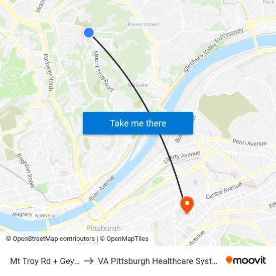 Mt Troy Rd + Geyer to VA Pittsburgh Healthcare System map