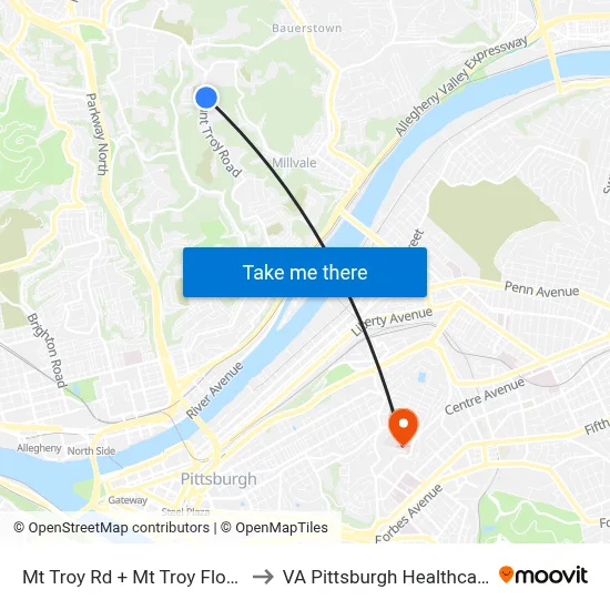 Mt Troy Rd + Mt Troy Floral (#3467) to VA Pittsburgh Healthcare System map