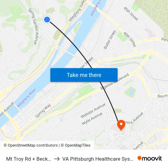 Mt Troy Rd + Beckert to VA Pittsburgh Healthcare System map