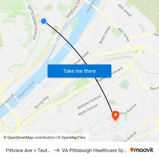 Pittview Ave + Teutonia to VA Pittsburgh Healthcare System map