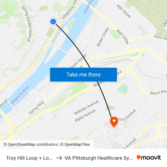 Troy Hill Loop + Lowrie to VA Pittsburgh Healthcare System map