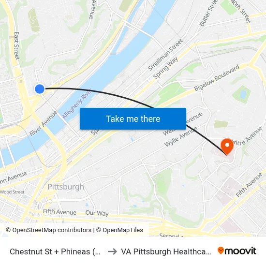 Chestnut St + Phineas (East Ohio) to VA Pittsburgh Healthcare System map