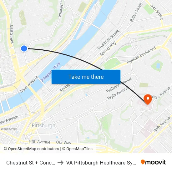 Chestnut St + Concord to VA Pittsburgh Healthcare System map