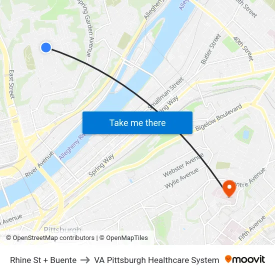Rhine St + Buente to VA Pittsburgh Healthcare System map