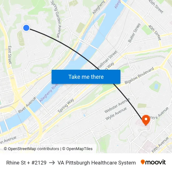 Rhine St + #2129 to VA Pittsburgh Healthcare System map