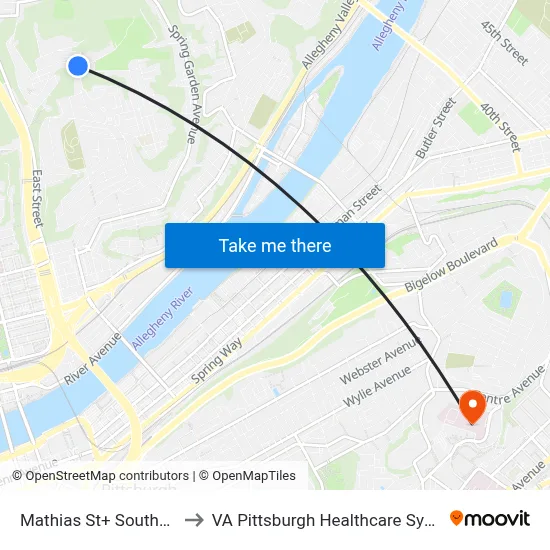Mathias St+ Southside to VA Pittsburgh Healthcare System map