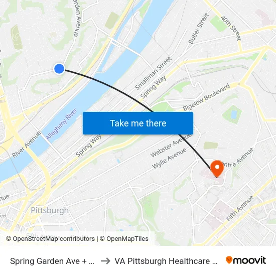 Spring Garden Ave + Tell St to VA Pittsburgh Healthcare System map