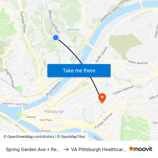 Spring Garden Ave + Reekes Way to VA Pittsburgh Healthcare System map