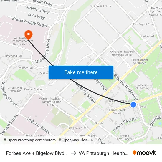 Forbes Ave + Bigelow Blvd (Schenley Dr) to VA Pittsburgh Healthcare System map