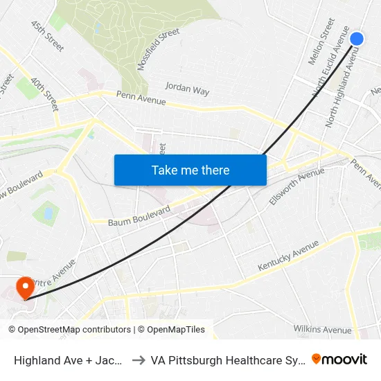 Highland Ave + Jackson to VA Pittsburgh Healthcare System map