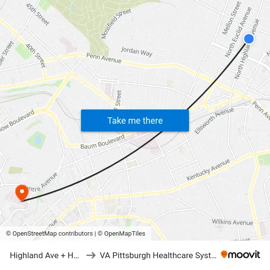 Highland Ave + Hays to VA Pittsburgh Healthcare System map