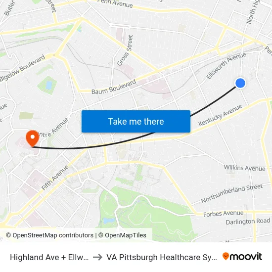 Highland Ave + Ellwood to VA Pittsburgh Healthcare System map