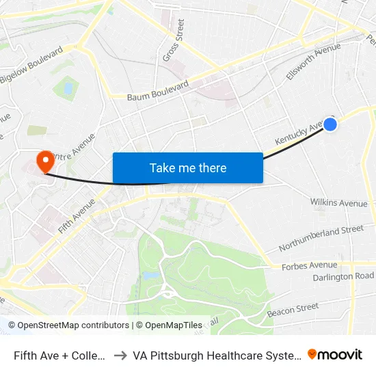 Fifth Ave + College to VA Pittsburgh Healthcare System map