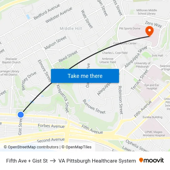 Fifth Ave + Gist St to VA Pittsburgh Healthcare System map