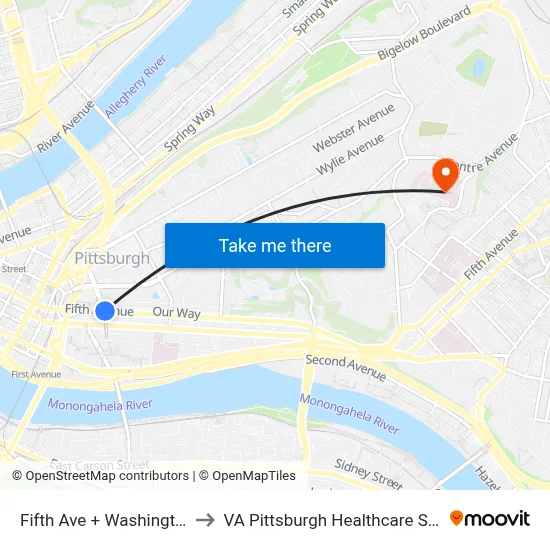 Fifth Ave + Washington Pl to VA Pittsburgh Healthcare System map