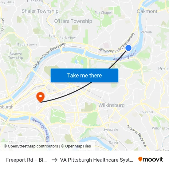 Freeport Rd + Blaw to VA Pittsburgh Healthcare System map