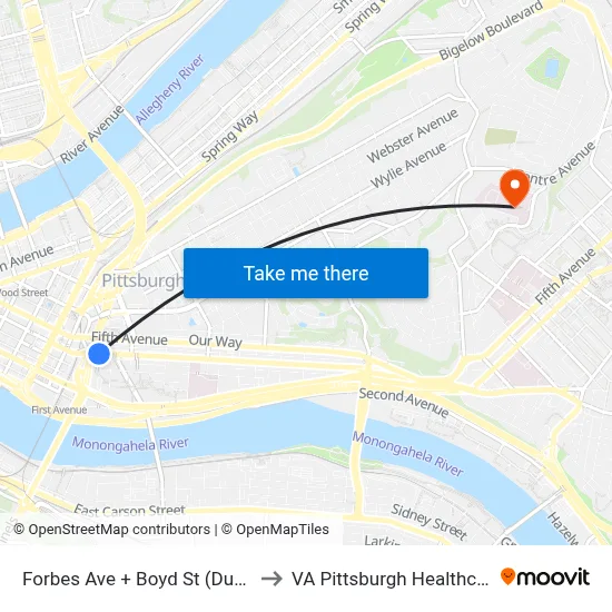 Forbes Ave + Boyd St (Duquesne Univ) to VA Pittsburgh Healthcare System map