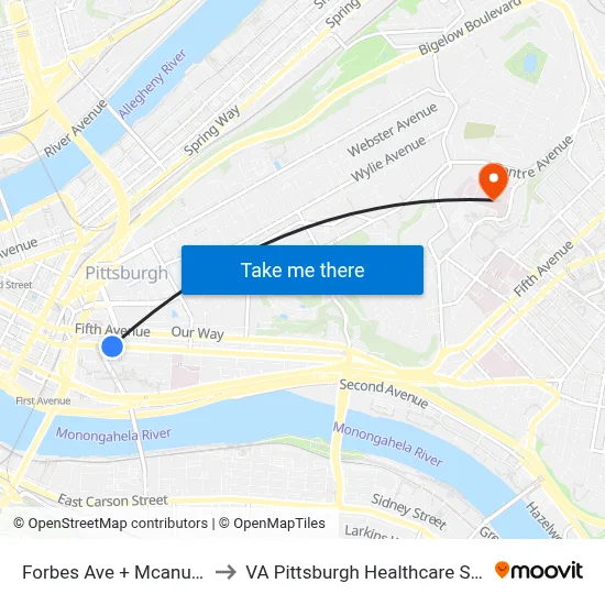 Forbes Ave + Mcanulty Dr to VA Pittsburgh Healthcare System map