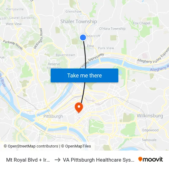 Mt Royal Blvd + Irene to VA Pittsburgh Healthcare System map