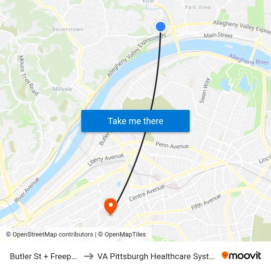 Butler St + Freeport to VA Pittsburgh Healthcare System map