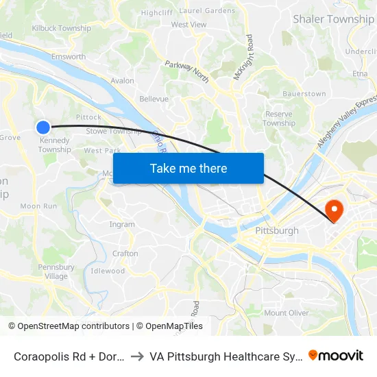 Coraopolis Rd + Dorothy to VA Pittsburgh Healthcare System map