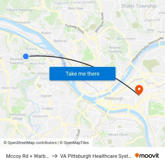 Mccoy Rd + Warbler to VA Pittsburgh Healthcare System map