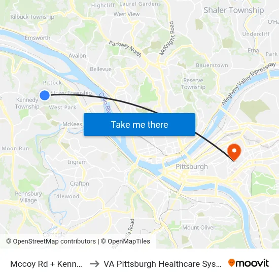 Mccoy Rd + Kennedy to VA Pittsburgh Healthcare System map