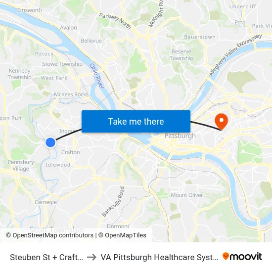 Steuben St + Crafton to VA Pittsburgh Healthcare System map