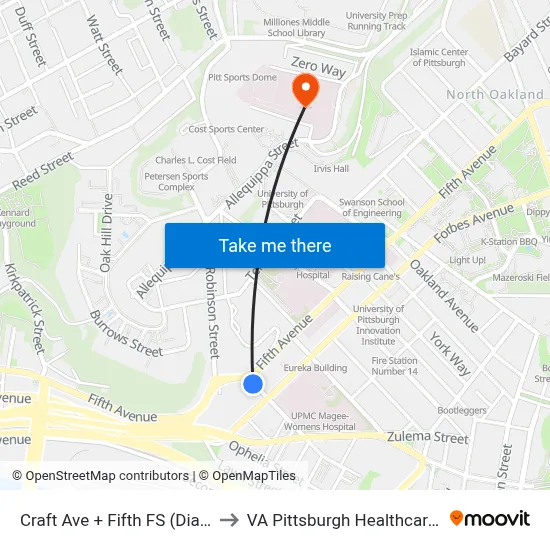Craft Ave + Fifth FS (Dialysis Ctr) to VA Pittsburgh Healthcare System map