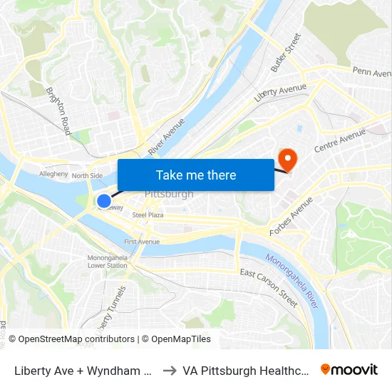 Liberty Ave + Wyndham Grand Hotel to VA Pittsburgh Healthcare System map